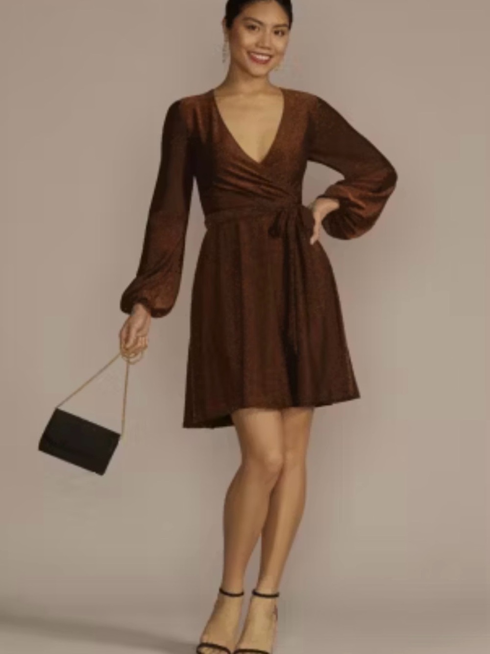 David's Bridal Metallic Glitter Copper V-Neck Wrap Long Sleeve Mini Dress
